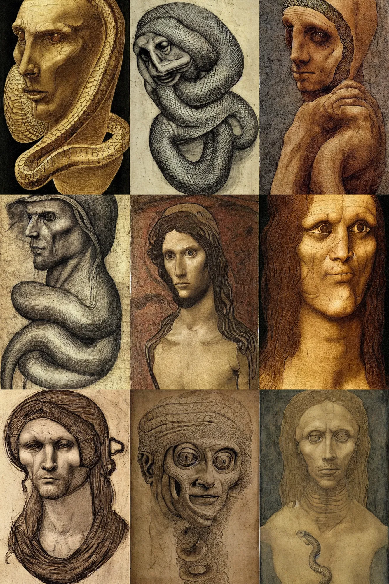 Prompt: half man half snake by leonardo davinci, highly detailed