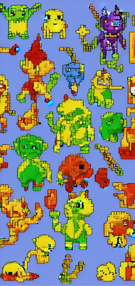 Prompt: pixel art sprite sheet of cute catchable monsters primary colors