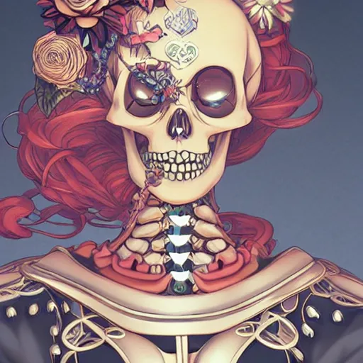 Prompt: anime manga skull profile young woman skeleton, minnie mouse, marge simpson, unreal engine, intricate, elegant, highly detailed, digital art, art by JC Leyendecker and sachin teng