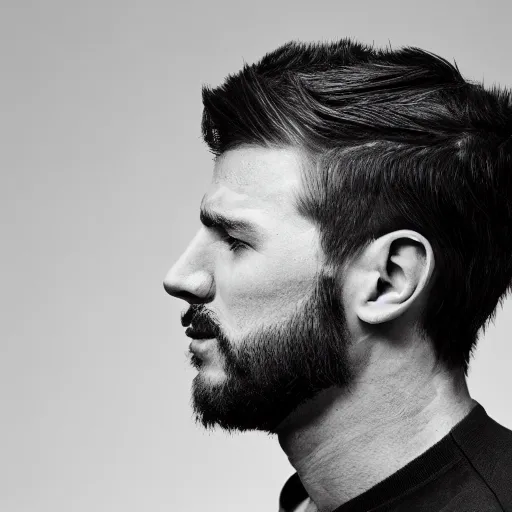 Prompt: chad, man with huge muscular jaw, short black hair, professional studio photography, grayscale