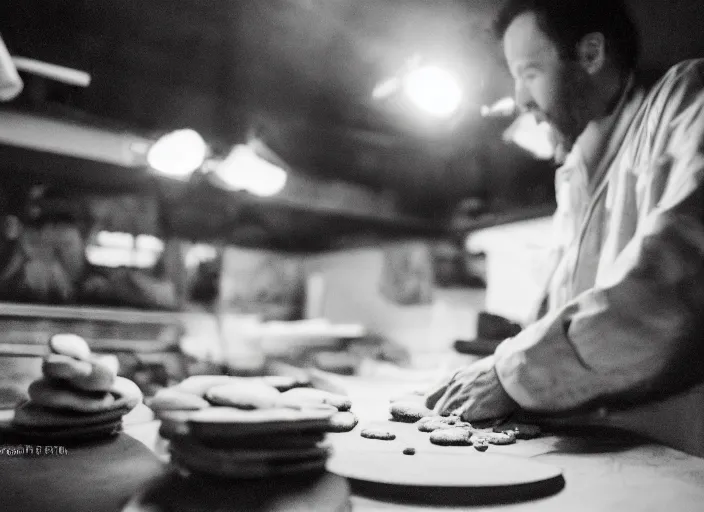 Image similar to a 3 5 mm photo from the back of a man making cookies, splash art, movie still, bokeh, canon 5 0 mm, cinematic lighting, dramatic, film, photography, golden hour, depth of field, award - winning, anamorphic lens flare, 8 k, hyper detailed, 3 5 mm film grain