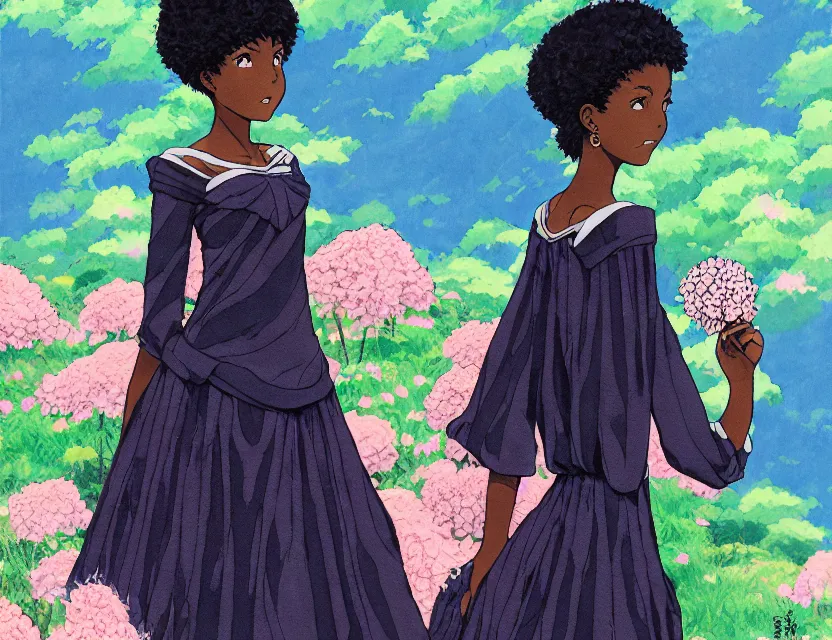 Prompt: black - skinned princess of the hydrangea mountains, wearing a lovely dress. this gouache painting by the award - winning mangaka has an interesting color scheme, plenty of details and impeccable lighting.