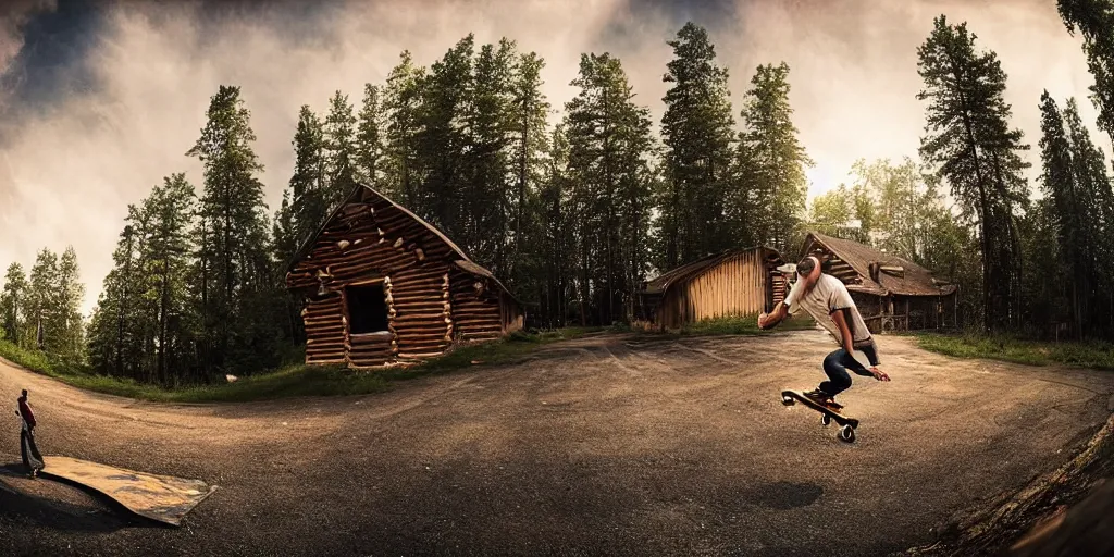 Prompt: a beautiful matte painting of a skateboarder, kick flip, pilgrim village setting, log homes, dirt road, trees, graffiti, fisheye lens, by Mikko Lagerstedt and Raphael Lacoste