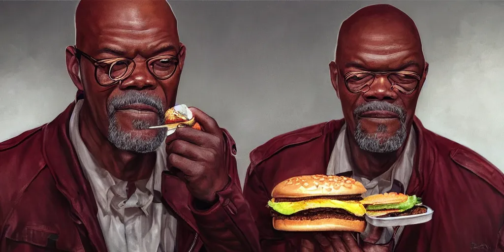 Prompt: highly detailed portrait painting of samuel l jackson eating burger in russia, perfect symmetrical eyes, by eddie mendoza and tyler edlin, 8 k resolution