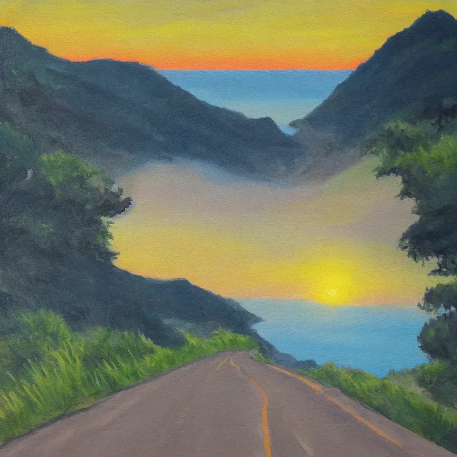 Prompt: artwork about a road towards the sunrise down the coast from high mountains, by patricia brintle.