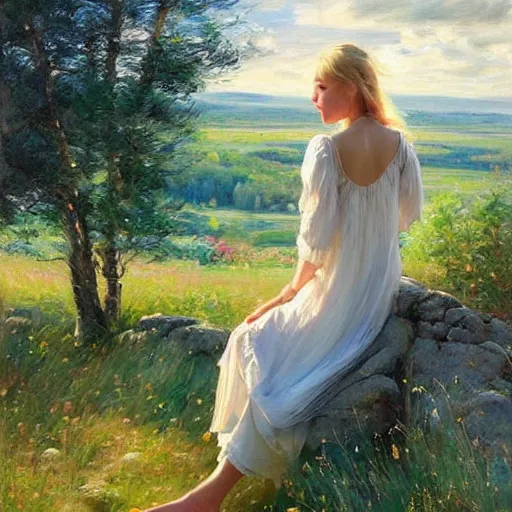 Image similar to blonde woman watching over the swedish countryside, archipelago, masterpiece, highly detailed, beautiful, atmospheric, impressionism, painting by Vladimir Volegov