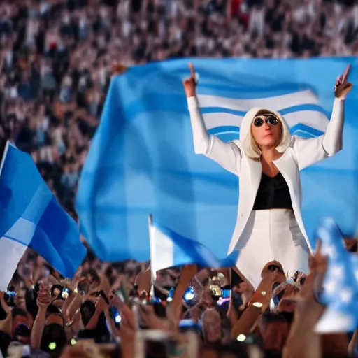 Image similar to Lady Gaga as president, Argentina presidential rally, Argentine flags behind, bokeh, giving a speech, detailed face, Argentina