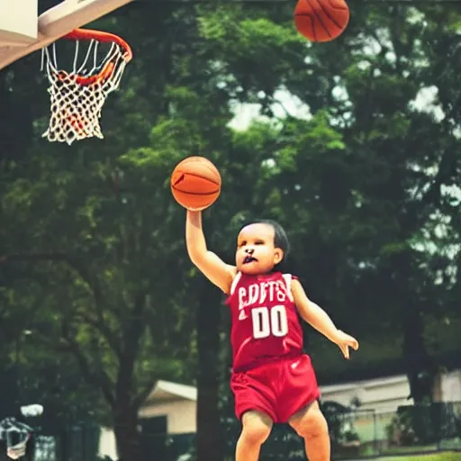 Image similar to a baby dunking a basketball, dramatic action photography, epic shot