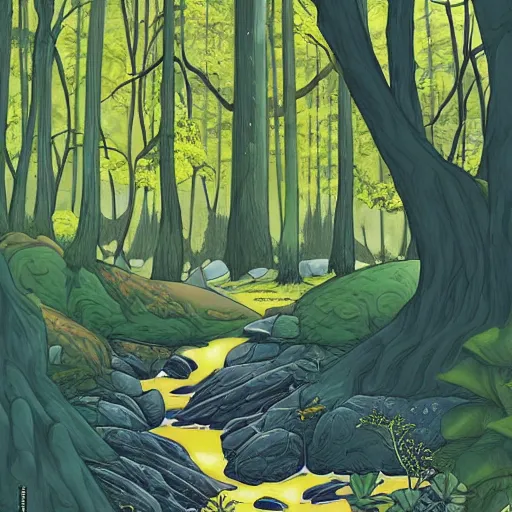 Image similar to A beautiful experimental art of a serene and picturesque forest scene. The leaves are all different shades of green, and the sunlight is shining through the trees. There is a small stream running through the forest, and the whole scene is surrounded by mountains. amaranth, Carboniferous by Rumiko Takahashi, by Jamie McKelvie offhand