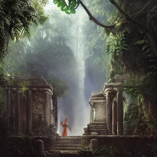 Image similar to jaguar priest, mayan temple in the jungle, by tom bagshaw, by gaston bussiere, sunlit, mist, octane render