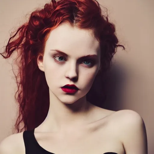 Prompt: beautiful irish lass ( model ) ( young ) with red wavy hair and piecing eyes, soft flawless pale skin, wearing a black crop top photography dramatic dark lighting, hyperrealistic