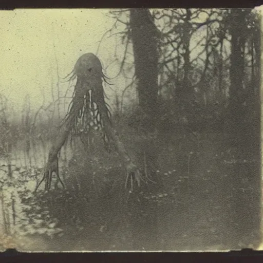 Image similar to creepy lovecraftian monster in swamp, 1 9 1 0 polaroid photo