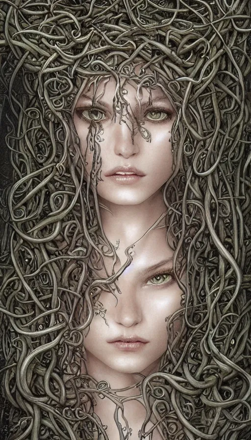 Image similar to very detailed portrait of a 2 0 years old girl surrounded by tentacles, the youg woman visage is blooming from fractal and vines, by luis royo,