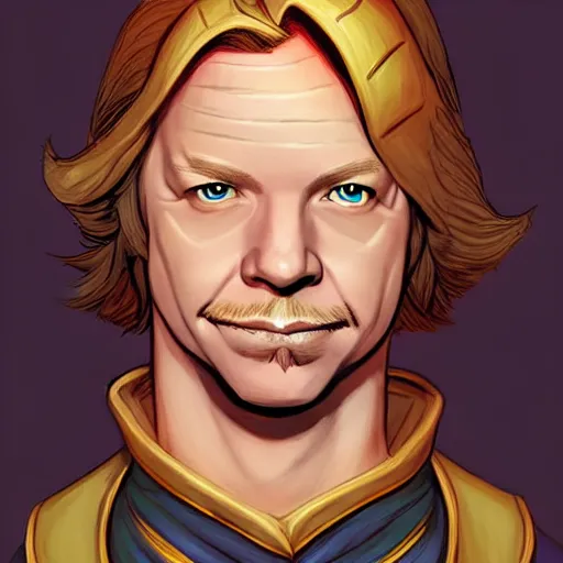 Image similar to a fantasy comic - style full portrait of a halfling maitre'd who looks like david spade, digital illustration by ken taylor and sana takeda and jenny frison, character design, concept art, fine inking lines, vivid colors, dnd, highly detailed!, hd, 4 k, trending on artstation