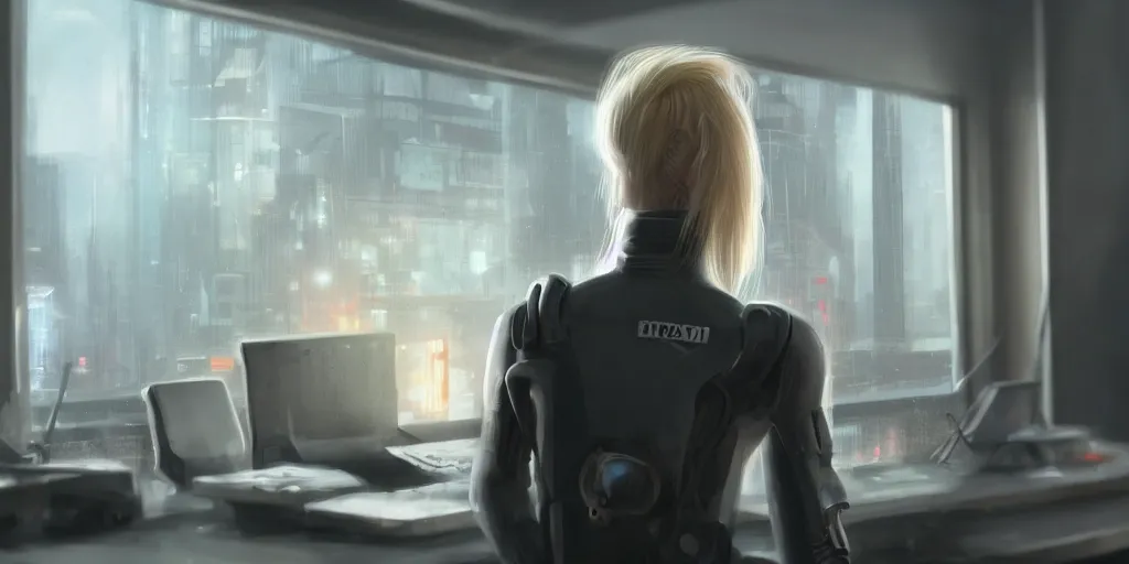 Prompt: closeup of An attractive anonymous blonde guard seen from the back sitting in front of a cyberpunk dystopian desk with matrix falling text cyberpunk, artstation