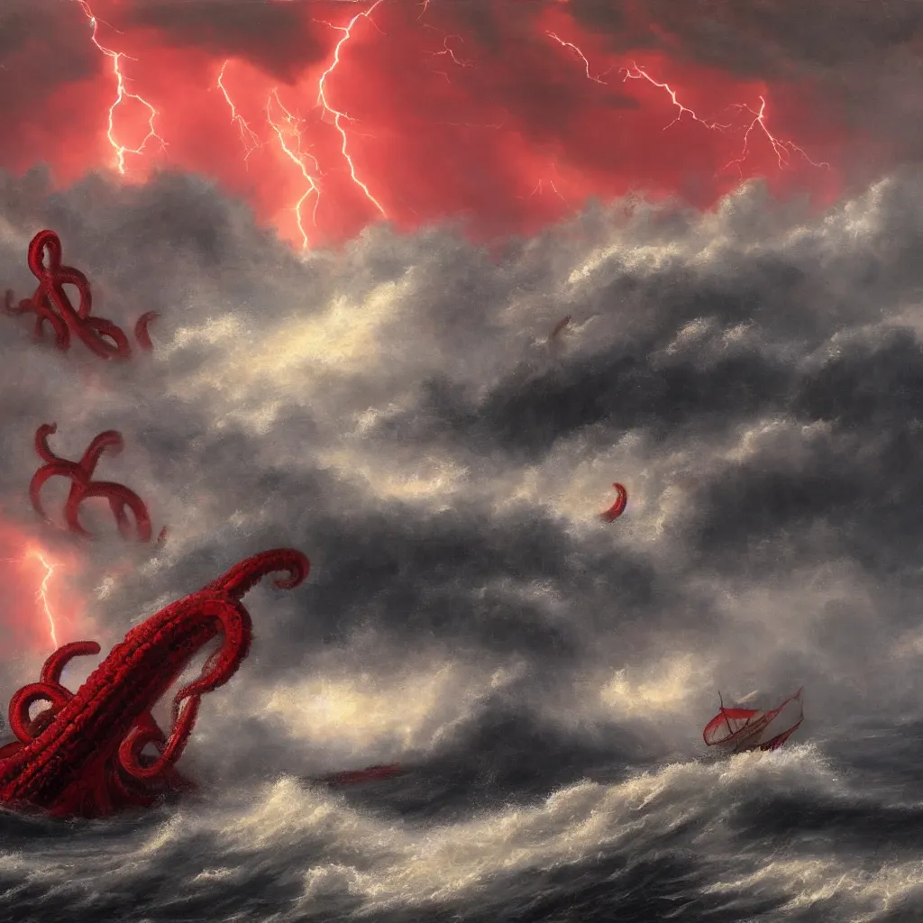 Image similar to a fantasy landscape. subject : giant red kraken, stormy sea, giant waves, lightning in the background, small boat, oil painting, 4 k