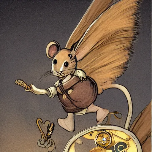 Prompt: a mouse with clockwork wings, fantasy illustration