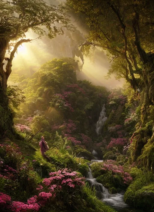 Image similar to in the distance an elegant fairy with wings of lace in a lord of the rings scenery landscape, a vast lush valley flowers and wood structures, stream, sunrise, god's rays highly detailed, vivid color, cinematic lighting, perfect composition, 8 k, gustave dore, derek zabrocki, greg rutkowski, belsinski, octane render