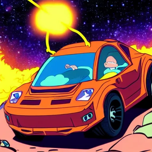 Prompt: the deliverator's car has enough potential energy packed into its batteries to fire a pound of bacon into the asteroid belt, anime, full color