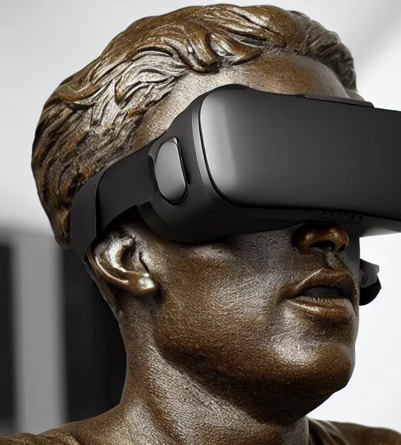 Image similar to a 4 k photorealistic photo medium shot of a bronze statue of a man wearing a vr headset, amazed.