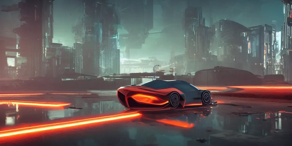 Image similar to futuristic electro car, smooth concrete brutalistic buildings on the background, puddles of water, stunning volumetric lighting, sunset, trending on Artstation, 8k, photorealistic, hyper detailed, unreal engine 5, cinematic, epic lighting, cryengine, octane render, cyberpunk, red and orange glow, dark, gloomy