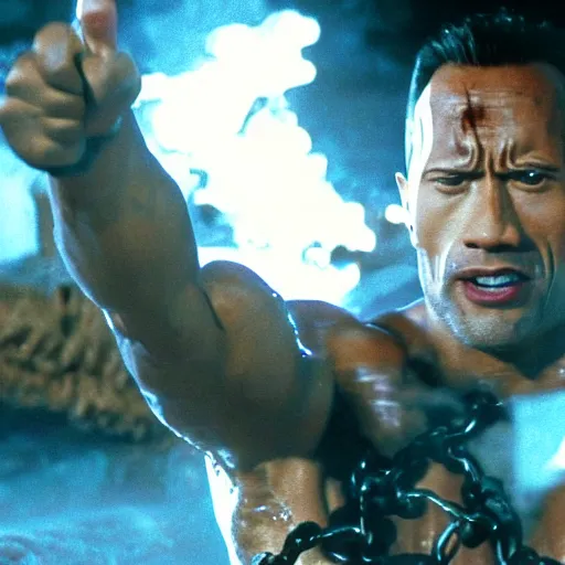 Prompt: film still of dwayne johnson descending into a molten metal pooll with chains and giving a thumbs - up in terminator 2 1 9 9 1, epic, volumetric lighting, hd, 8 k