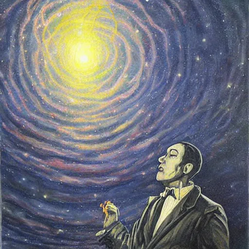 Prompt: lovecraft looking at the starlight light sky in terror, detailed painting, award winning