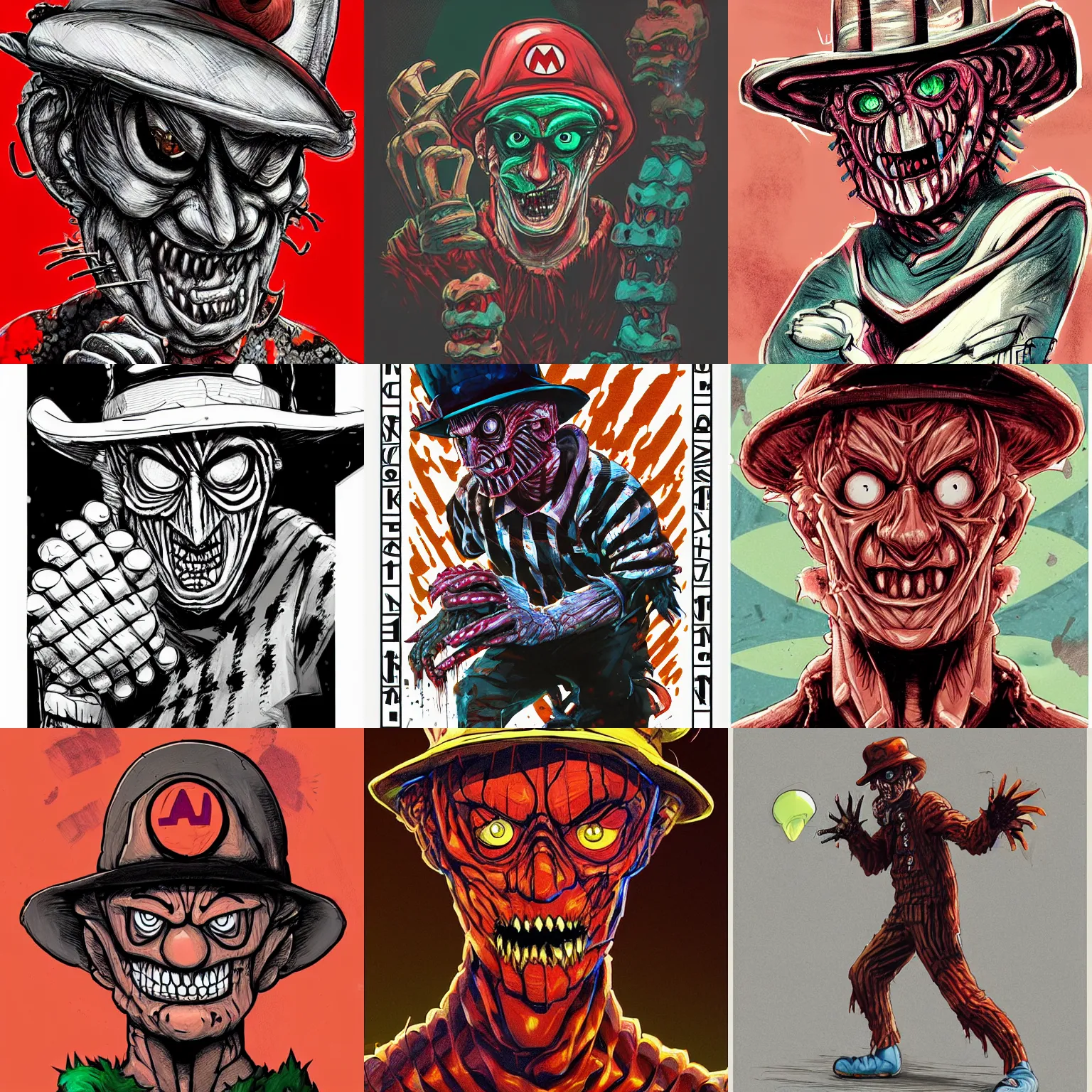 Prompt: a study of cell shaded portrait of freddy krueger as super mario 3 concept art, llustration, post grunge, concept art by josan gonzales and wlop, by james jean, Victo ngai, David Rubín, Mike Mignola, Laurie Greasley, highly detailed, sharp focus, alien, Trending on Artstation, HQ, deviantart, art by artgem