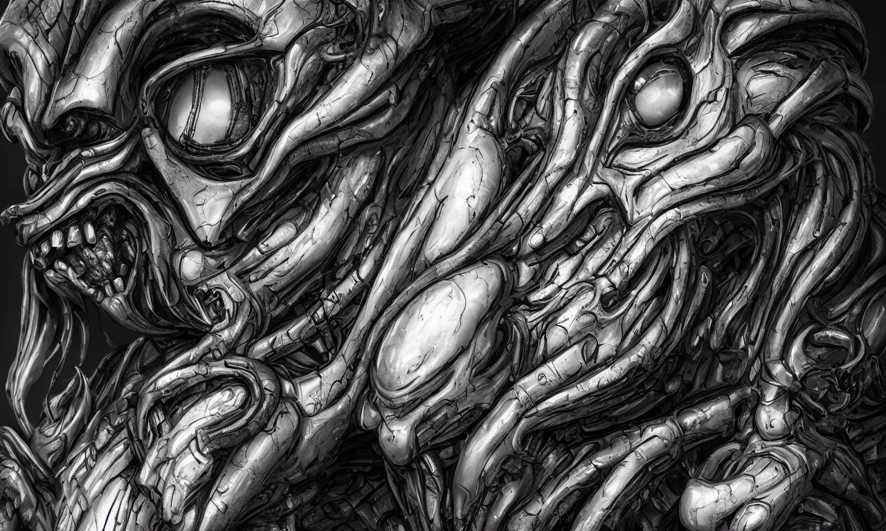 Image similar to engineer prometheus face by Artgerm, xenomorph alien, highly detailed, symmetrical long head, smooth marble surfaces, detailed ink illustration, raiden metal gear, cinematic smooth stone, deep aesthetic, concept art, post process, 4k, carved marble texture and silk cloth, latex skin, highly ornate intricate details, prometheus, evil, moody lighting, hr geiger, hayao miyazaki, indsutrial Steampunk