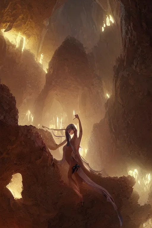 Prompt: a gorgeous succubus in a cave, greg rutkowski, 8 k, shallow depth of field, intricate detail, concept art,