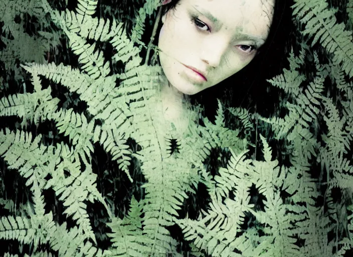 Image similar to a female model with long black hair, emerging from a dense misty forest of fern leaves wearing camouflage by yohji yamamoto, in the style of daido moriyama, double exposure