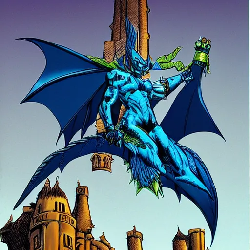Image similar to A large azure dragoness atop a castle tower by Andy Kubert, highly detailed, in the style of Grant Morrison's batman