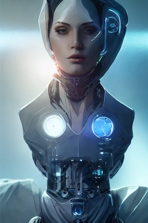 Image similar to beautiful cyborg priestess, scifi, perfect face, futuristic, elegant cape, aura of light, glow, concept art, sharp focus, inside a space ship, trending on artstation, hwang se - on, intricate, advanced technology, art by roman makarenko and simon almeida and marcos melco