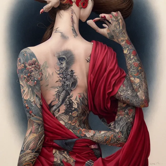 Prompt: ultra realistic illustration, beautifulwoman dressed in red kimono, backview, tattoos, in the style of peter mohrbacher by weta digital and beth cavener, high face symmetry, intricate, masterpiece, award winning, high face symmetry, intricate