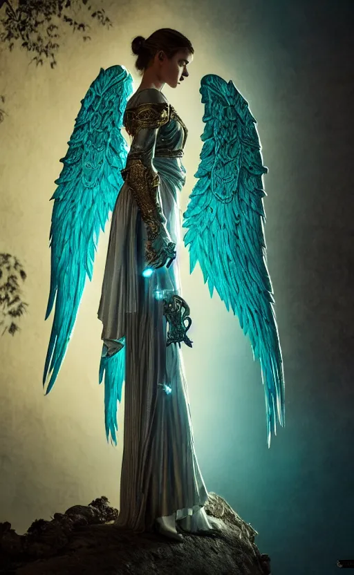 Image similar to angel, big wings, low key light, full plate armor with cloth, f 1 6, bokeh, medium portrait, gentle, female, ornate city ruins, landscape, d & d, fantasy, intricate, elegant, highly detailed, teal white gold color palette, roger deakins, sharp focus, greg rutkowski and alphonse mucha