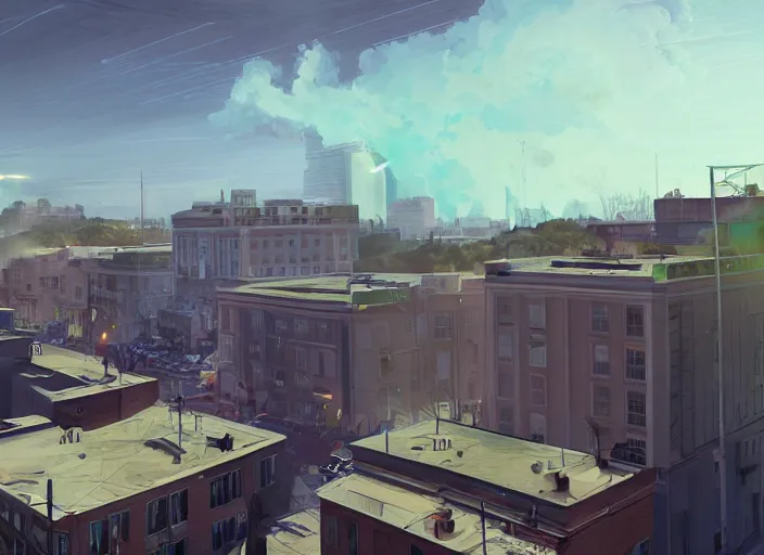 Prompt: crowd of working citizens carrying daily routines on the backdrop of multiple smoke trails of missile warheads hits explosions destroying residential buildings, DSLR 35mm, by Edward Hopper and Dan Mumford and WLOP, Unreal Engine 5, Lumen, Nanite