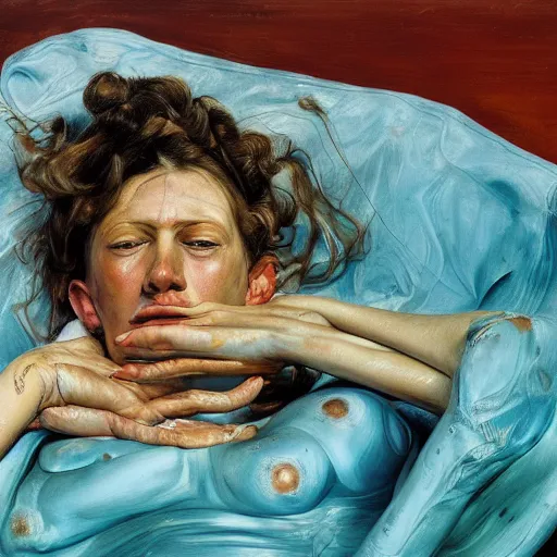 Image similar to high quality high detail painting by lucian freud and jenny saville, hd, daydreaming, turquoise