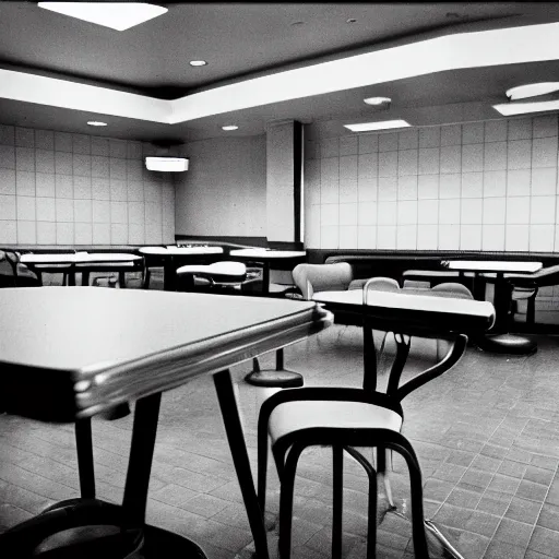 Image similar to a 3 5 mm pentax k 1 0 0 0 photograph of a liminal empty moody mcdonalds interior. empty tables. food garbage scattered about.