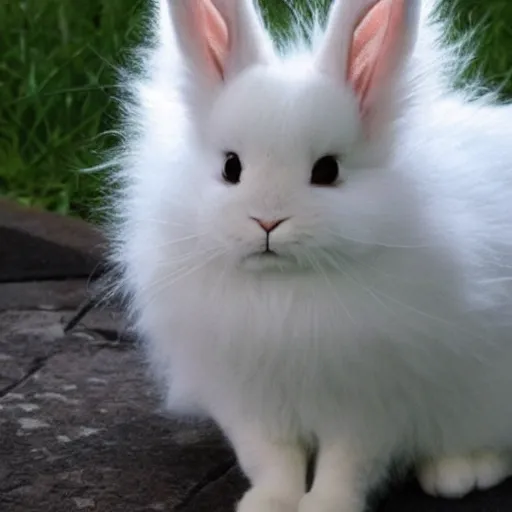 Image similar to bunny - cat hybrid with long curly white fluffy fur and extra long tail, by hayao miyazaki