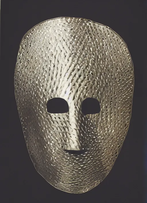 Image similar to a fashion portrait photograph of a man wearing a round metal mask designed by joseph albers, 3 5 mm, color film camera, pentax