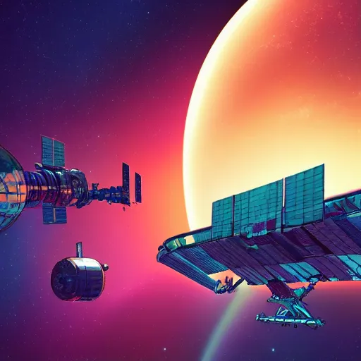 Prompt: beautiful render of space station by dan mumford, graphic novel, pastel anaglyph, unreal engine, 4k hd wallpaper, happy color scheme