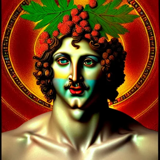 Prompt: psychedelic high - detailed portrait of ecstatic god dionysus with leaves and grape in his hair, 3 d