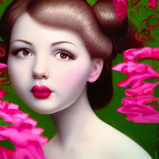 Image similar to a 3 d close up image of a beautiful young women looking at the camera surrounded by lush flowers mark ryden camera, pop