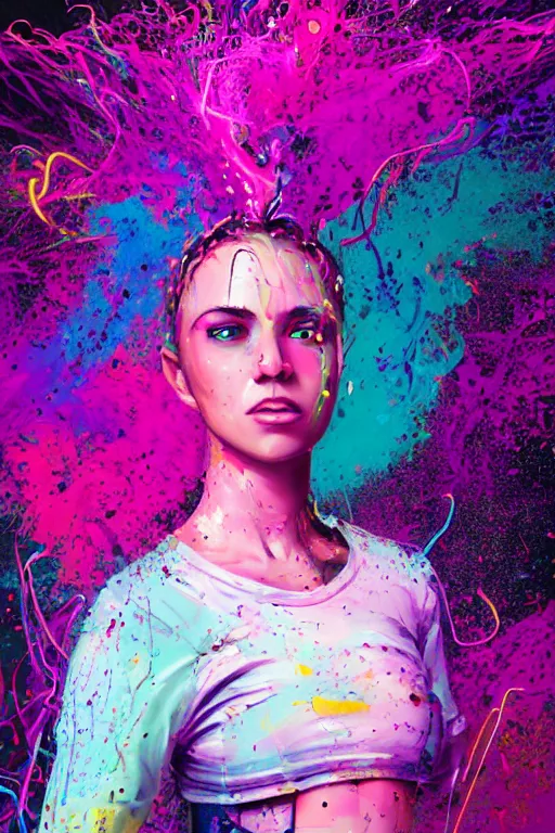 Image similar to a award winning half body portrait of a beautiful woman in a croptop and cargo pants with ombre purple pink teal hairstyle and hands in pockets by ari liloan, surrounded by whirling illuminated lines, paint splashes and splatter, outrun, vaporware, shaded flat illustration, digital art, trending on artstation, highly detailed, fine detail, intricate