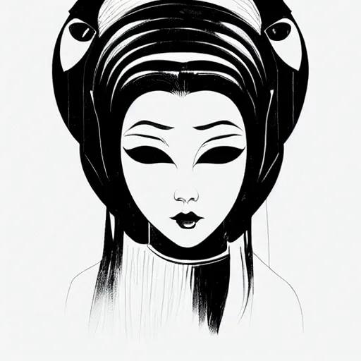 Image similar to an ink drawing of an opera mask by ilya kuvshinov, black and white