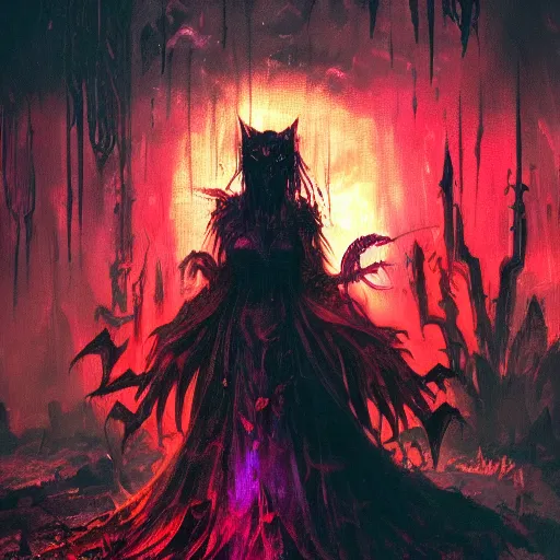 Prompt: bloody vampire princess summons burning demon serious colorful gothic ceremony 4 k high definition soft diffuse lighting artstation trending path traced contrast light and dark colorful bokeh massive scale cinematic breathtaking lovecraftian horror nightmare apocalypse cataclysm by paul lehr