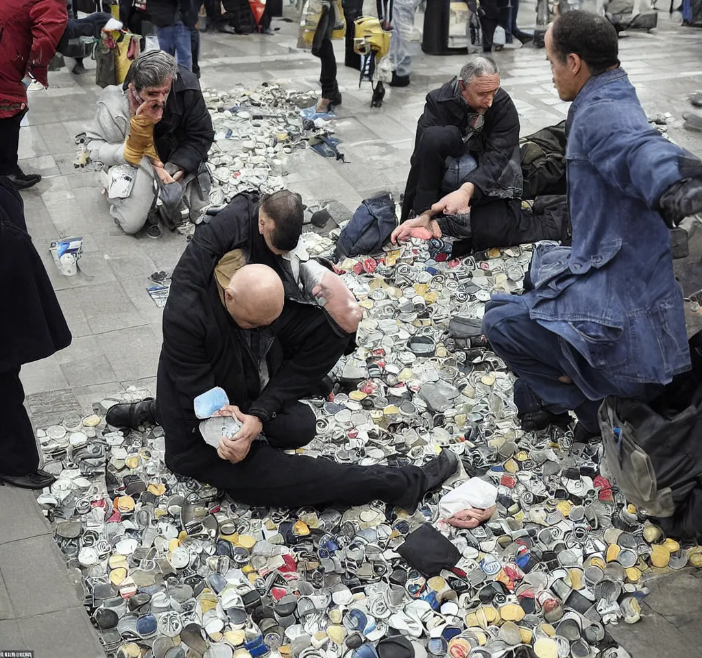 Prompt: this man was counting tablets, then he dropped them on the floor. he asked the woman next to him if the train floor had been poisoned. she didn't know, but told him that perhaps if the air had been poisoned that it didn't matter, but if the floor had been cleaned with water, then perhaps the water had been poisoned