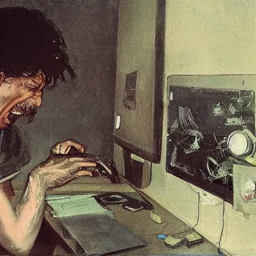 Image similar to an angry man yells at his computer monitor, oil on canvas, 1 8 8 3, highly detailed