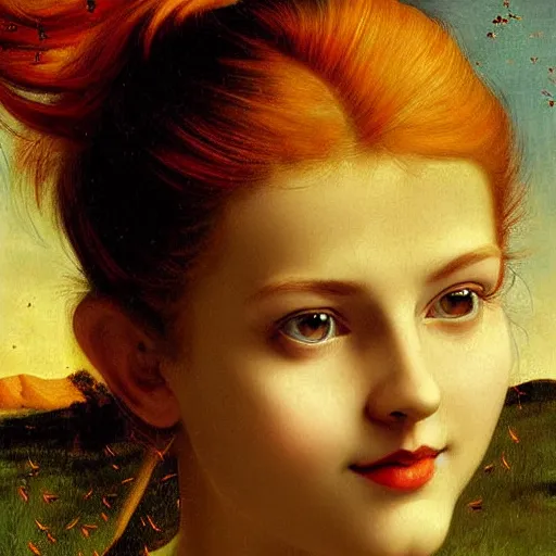 Prompt: sharp, intricate fine details, breathtaking, digital art portrait of a red haired girl with green eyes softly smiling in a dreamy, mesmerizing scenery with fireflies, art by artemisia gentileschi