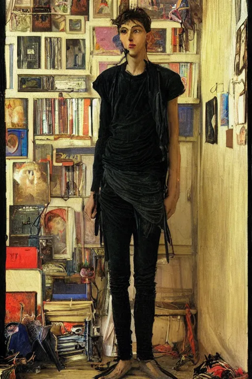 Image similar to a skinny goth guy standing in a cluttered 9 0 s bedroom, full body character concept art, vaporwave colors, jules bastien - lepage art,